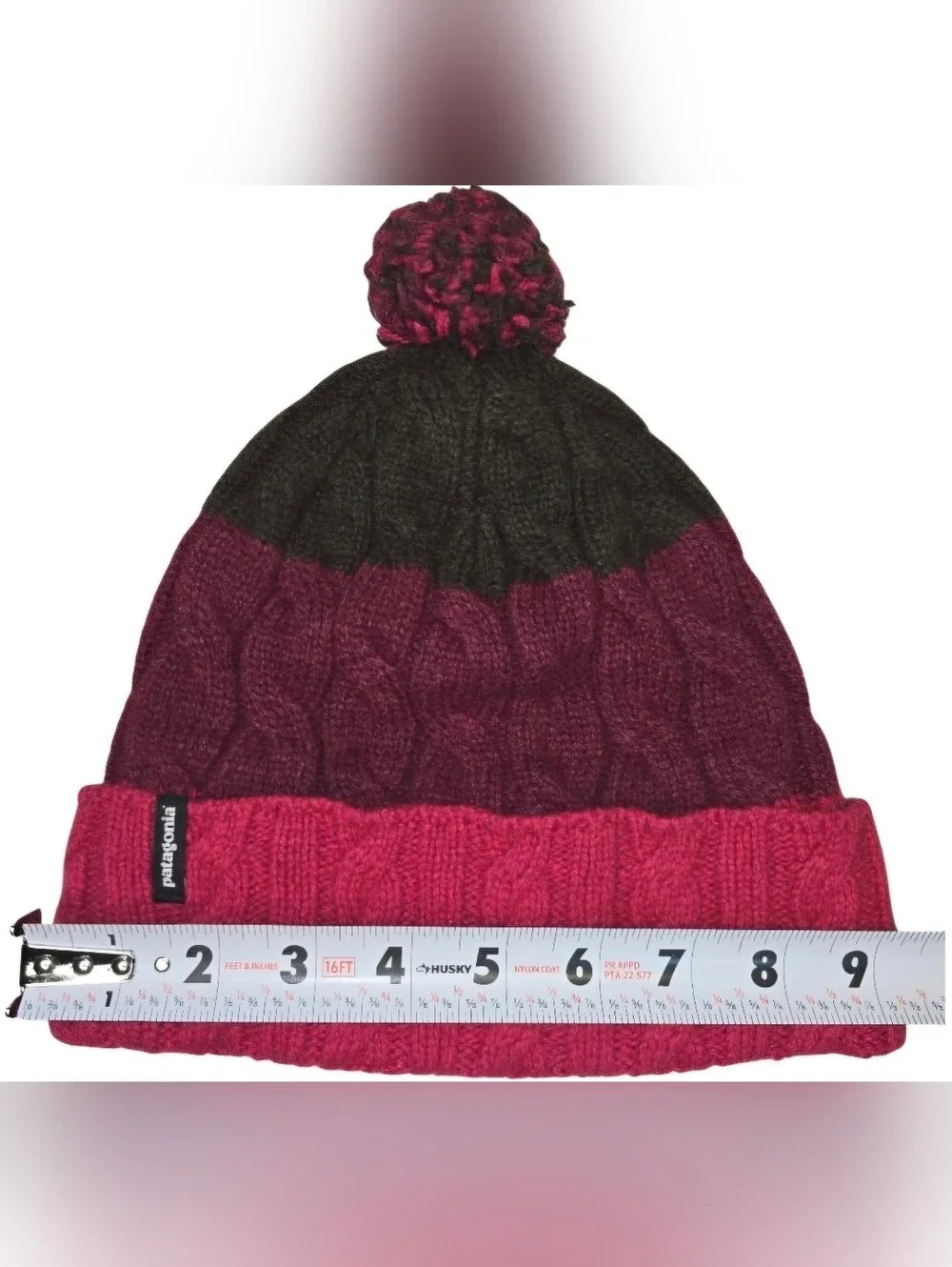 Patagonia Cable Knit Pom Pom Beanie Hat Pink Burgundy Black Fleece Lined OS